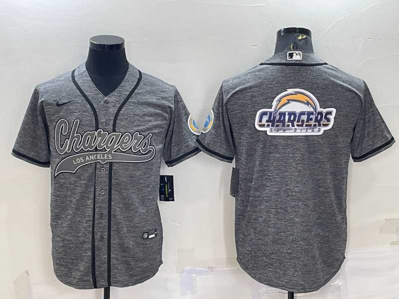 Mens Los Angeles Chargers Grey Gridiron Team Big Logo Cool Base Stitched Baseball Jersey